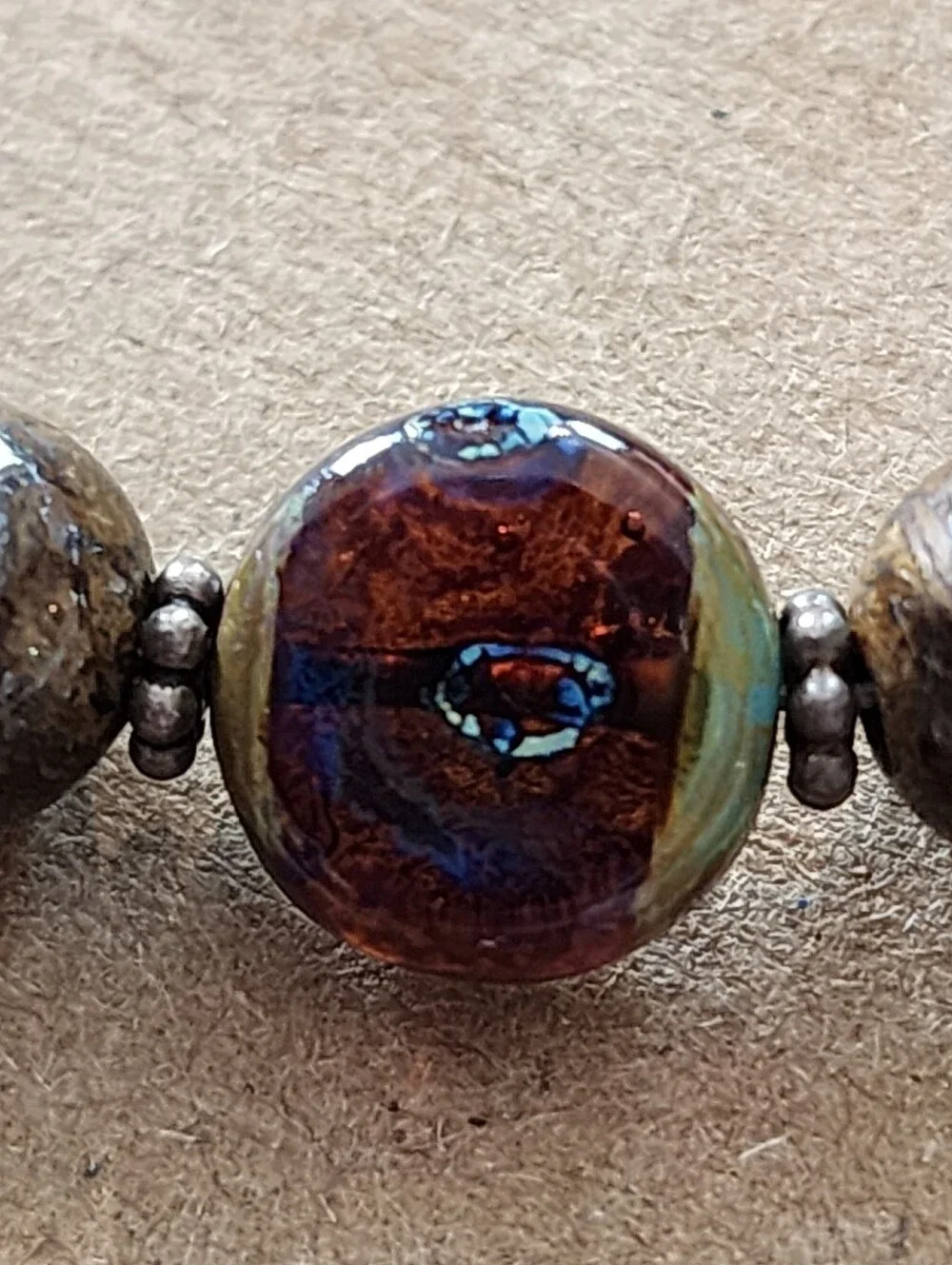 Artisan Handmade Dichroic Glass& Natural Stone Bracelet Sterling Silver 925 6.5